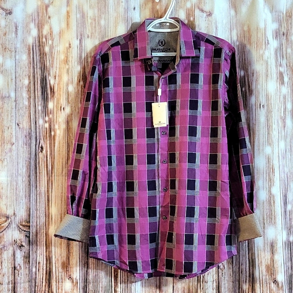 Bugatchi Uomo Men's Long Sleeve Shaped Fit Plaid Dress Shirt Size S